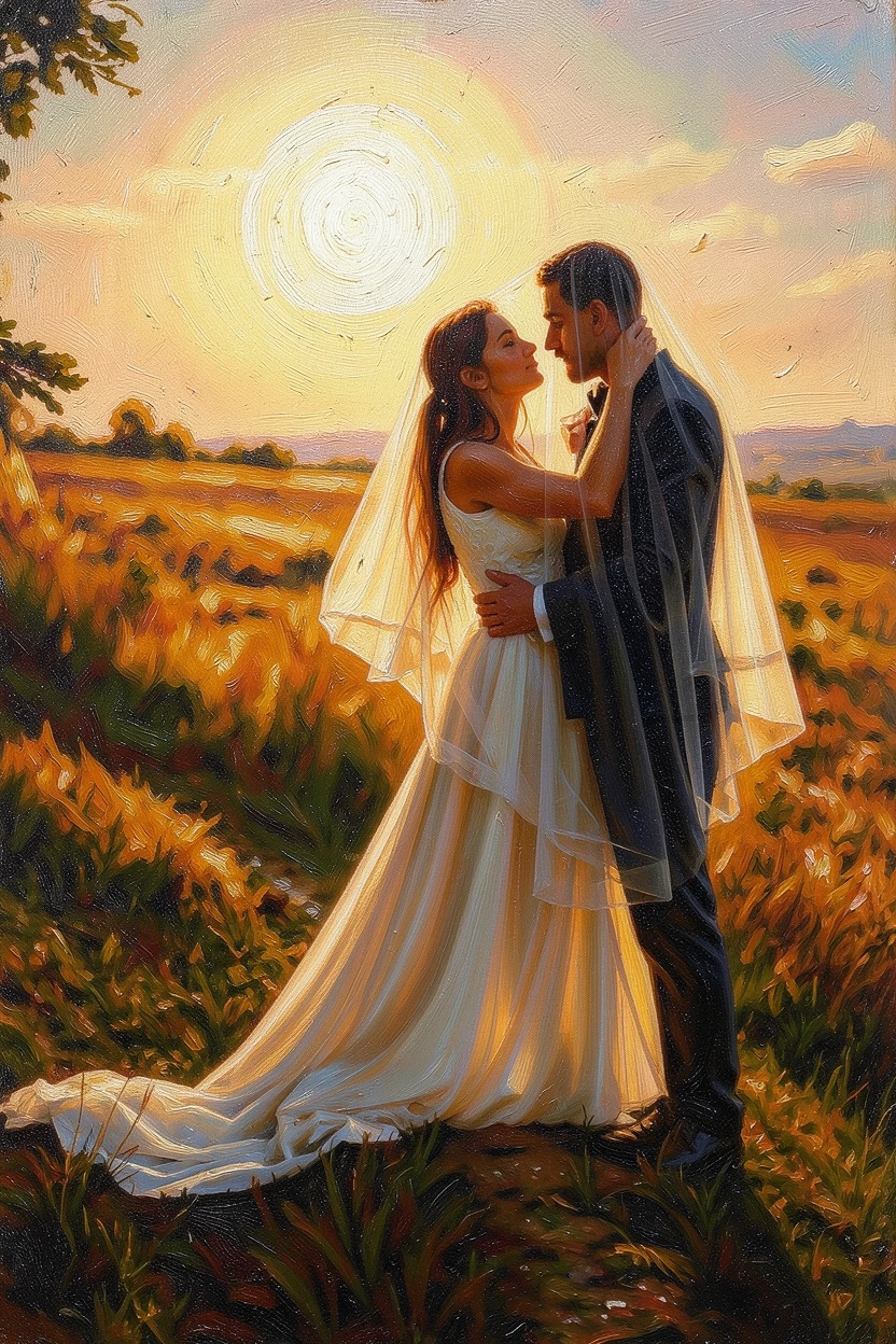 The same wedding photo reimagined as a warm golden-impressionism painting