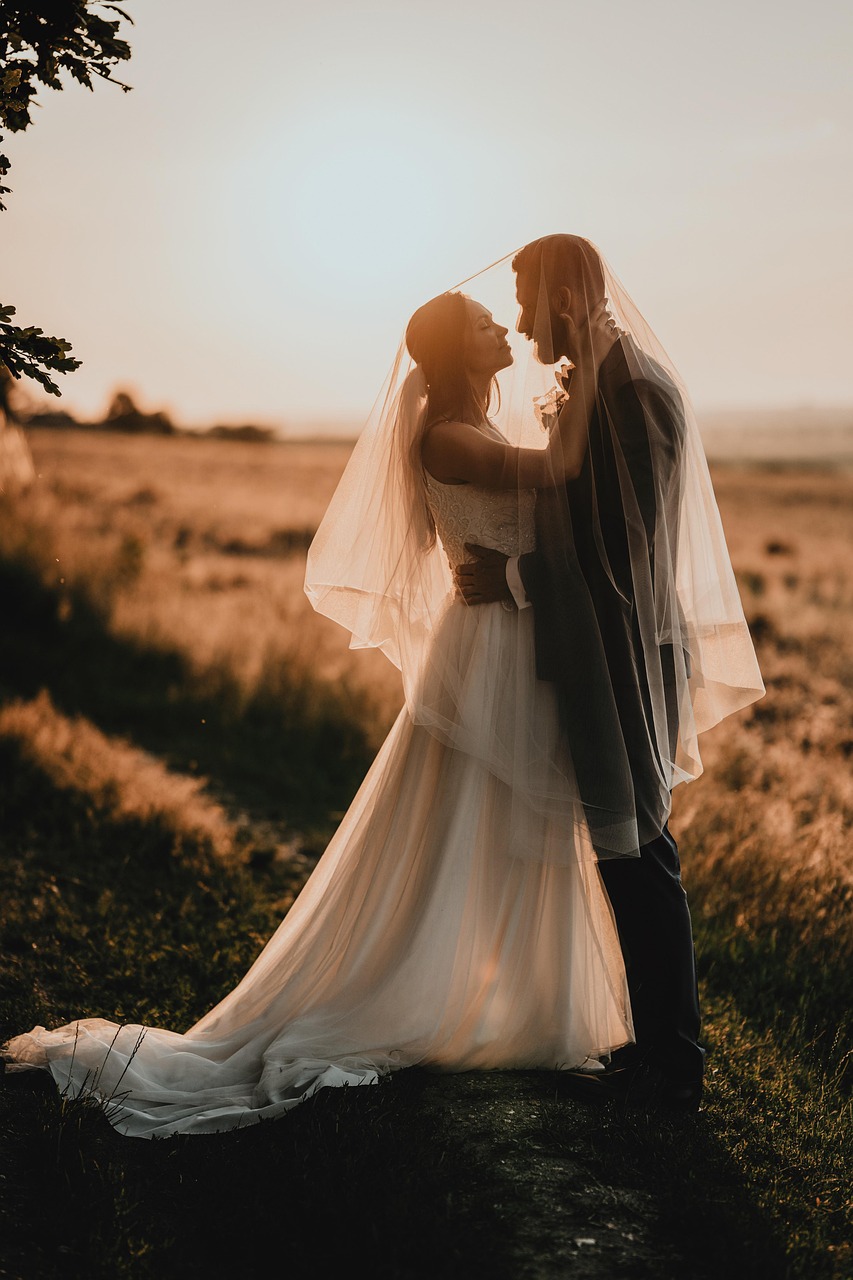 Photo of a couple at golden hour on their wedding day