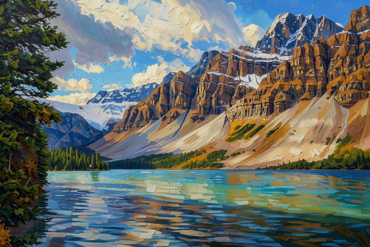 The same mountain-lake photo reimagined as an oil-painted canvas