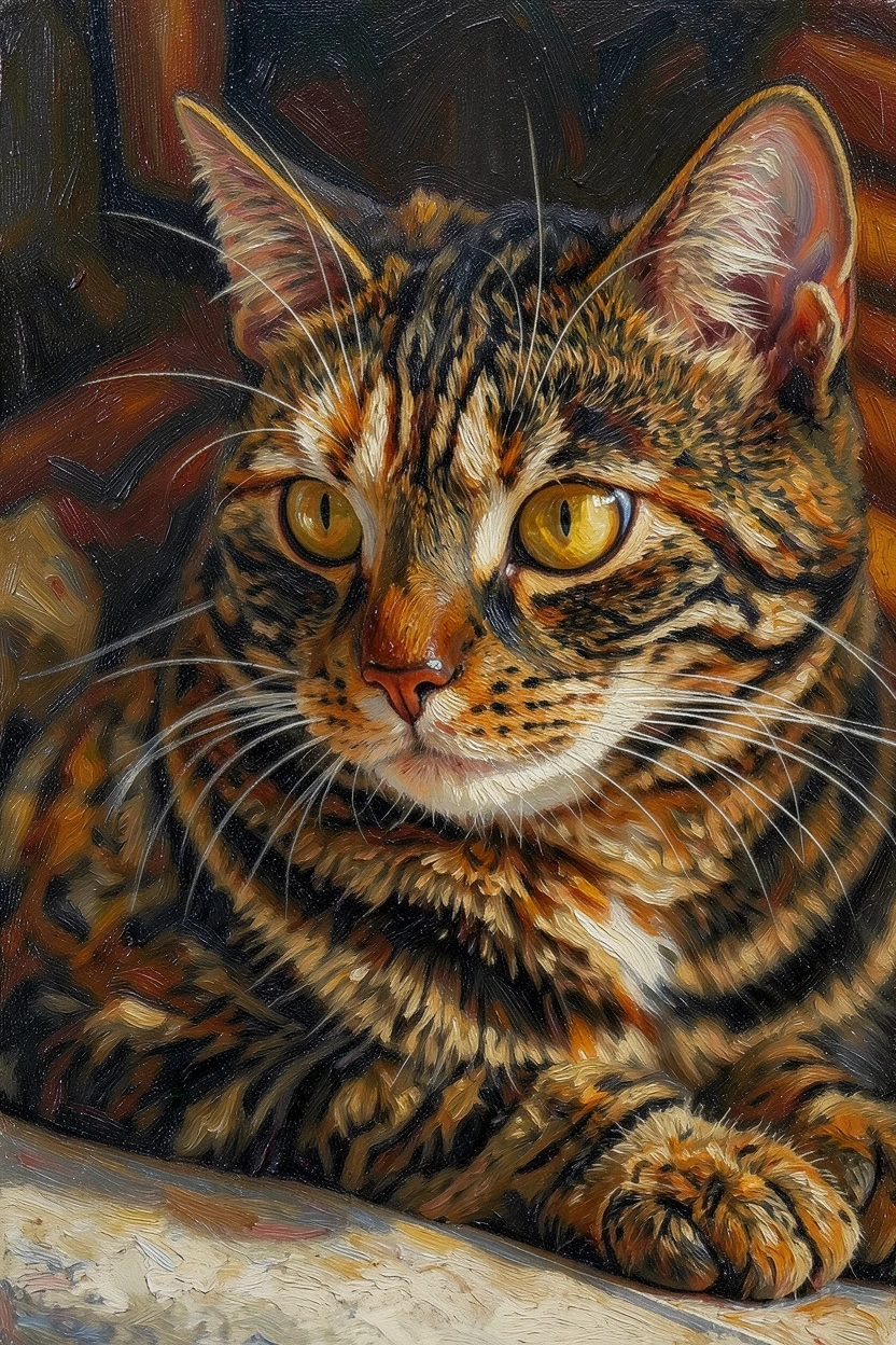 The same tabby rendered in ReArt's warm golden-impressionism style