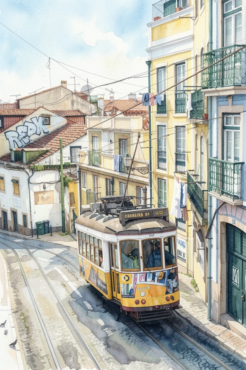 The same tram street rendered as a soft watercolor wash