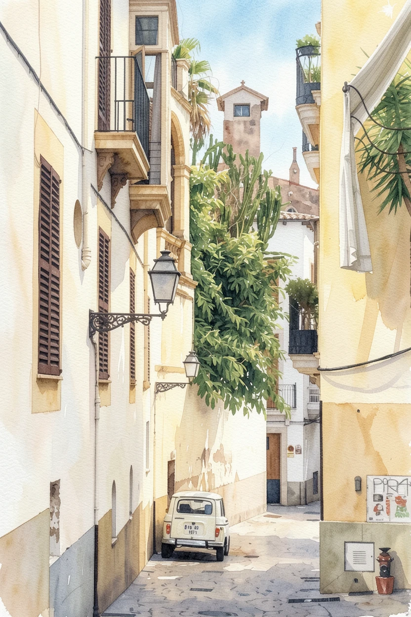 The same sunlit alley rendered as a soft watercolor wash