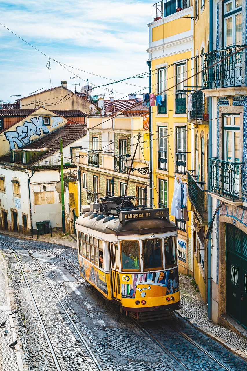 Original photo of a yellow tram climbing a tiled hillside street