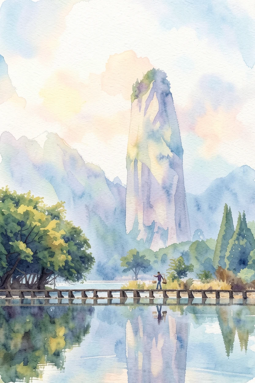 The same misty valley rendered as a soft watercolor wash