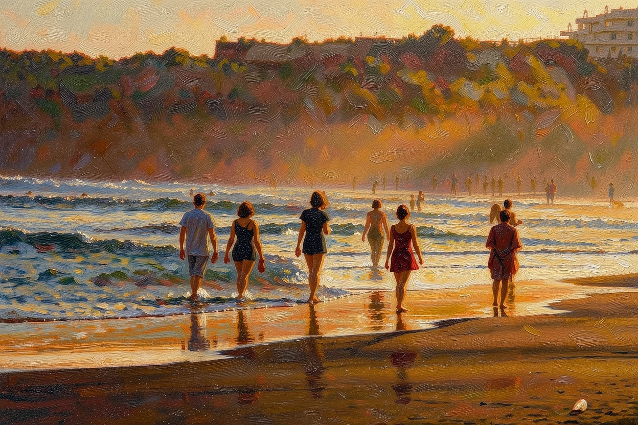 The same beach scene rendered as a golden impressionist painting with visible brushstrokes