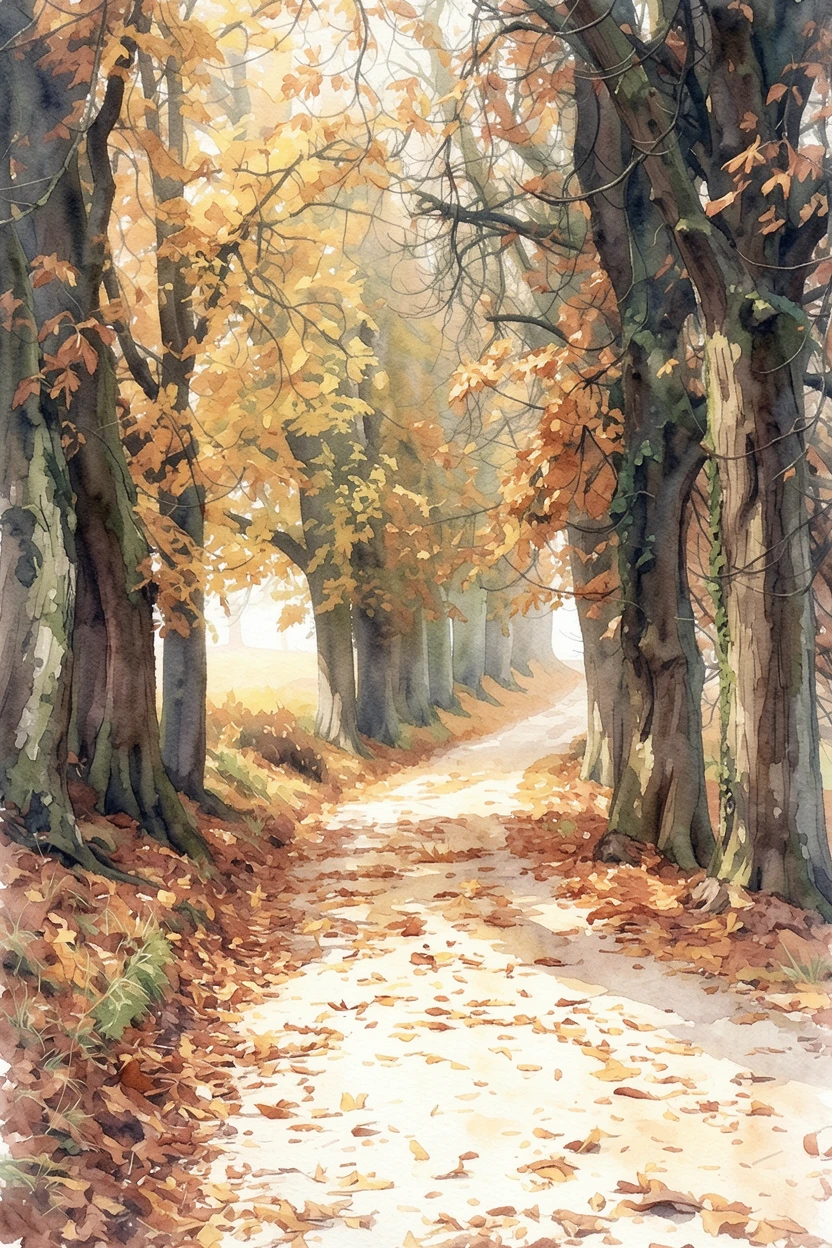 The same autumn avenue rendered as a watercolour wash, the leaf detail reduced to soft shapes