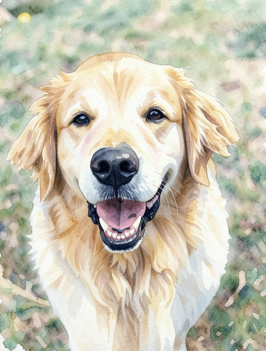 The same golden retriever as a ReArt watercolor-wash portrait