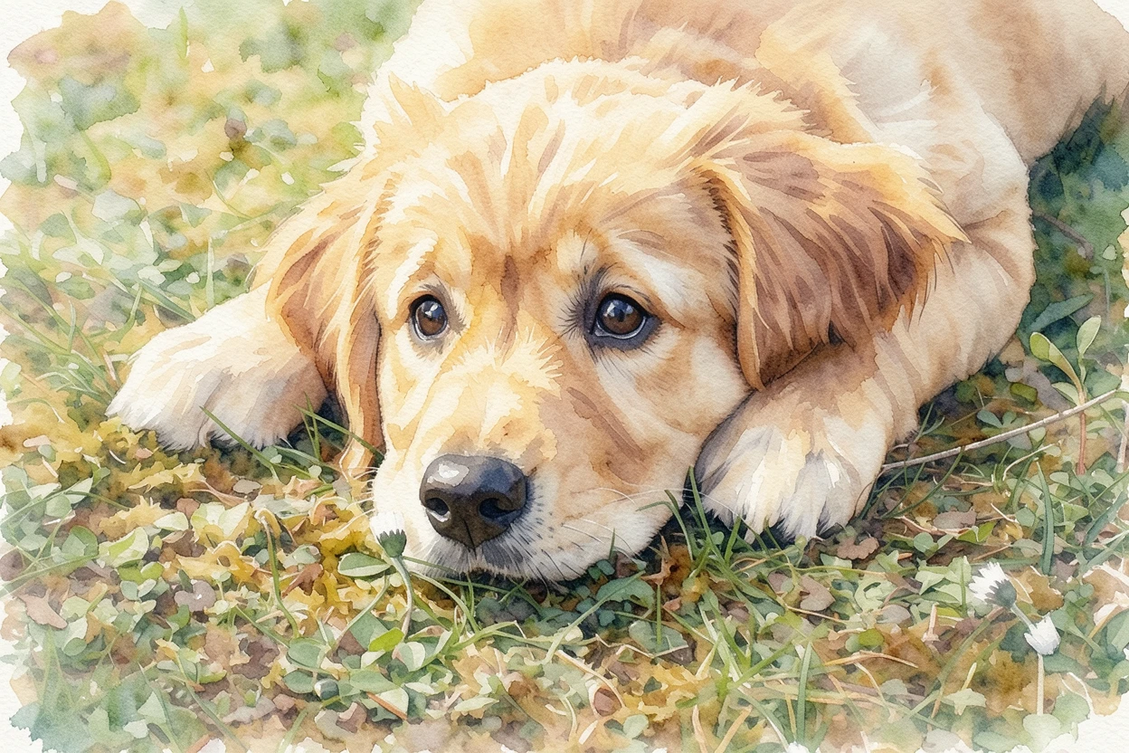 The same golden retriever puppy rendered as a soft watercolour by ReArt