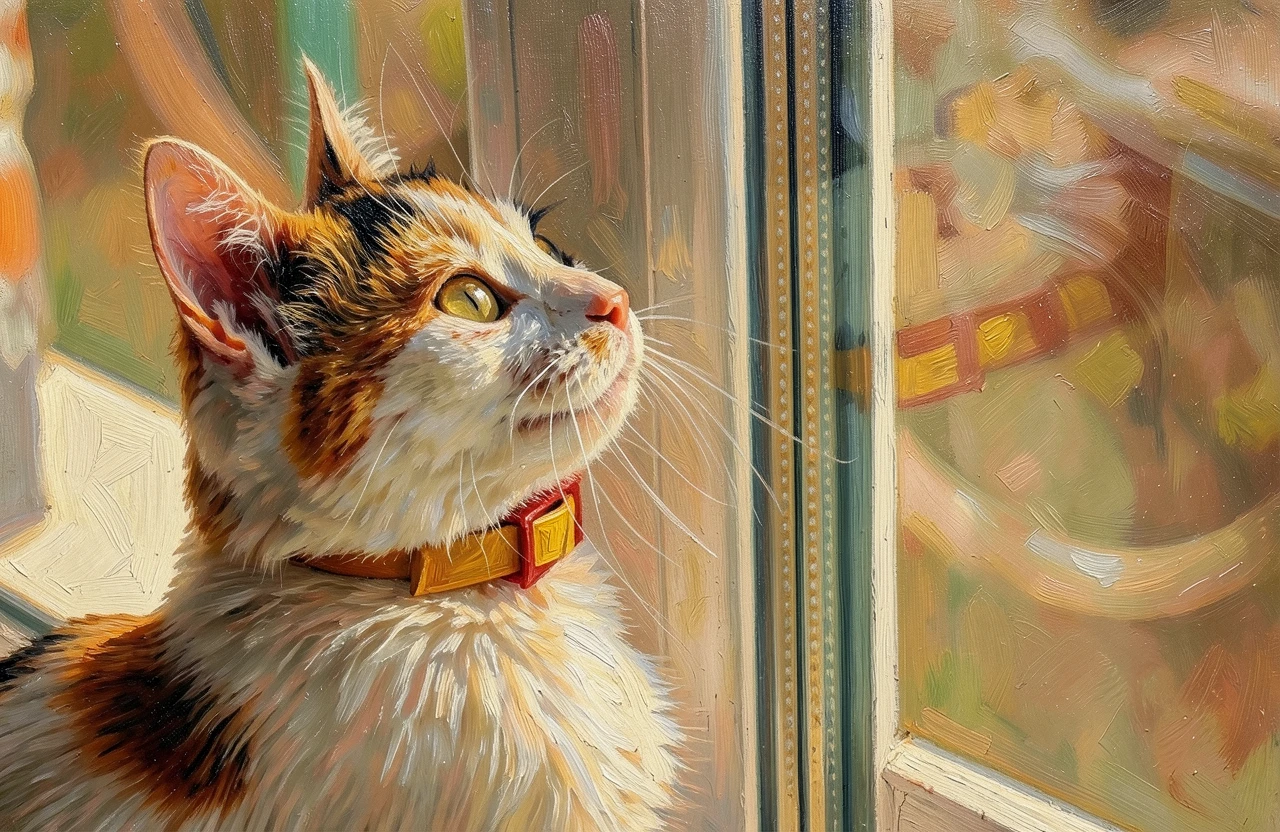 The same calico cat rendered in ReArt's warm golden-impressionism style