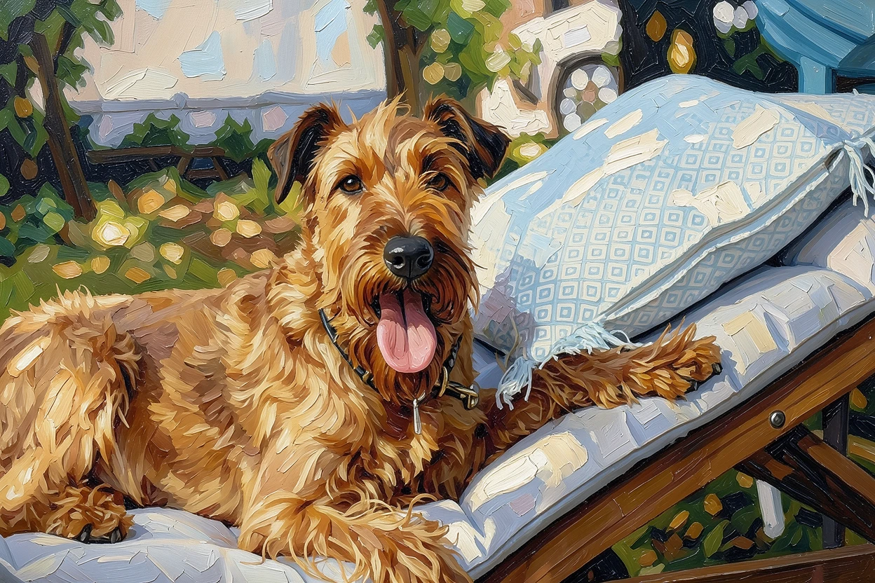 The same Irish terrier rendered as an oil painting by ReArt