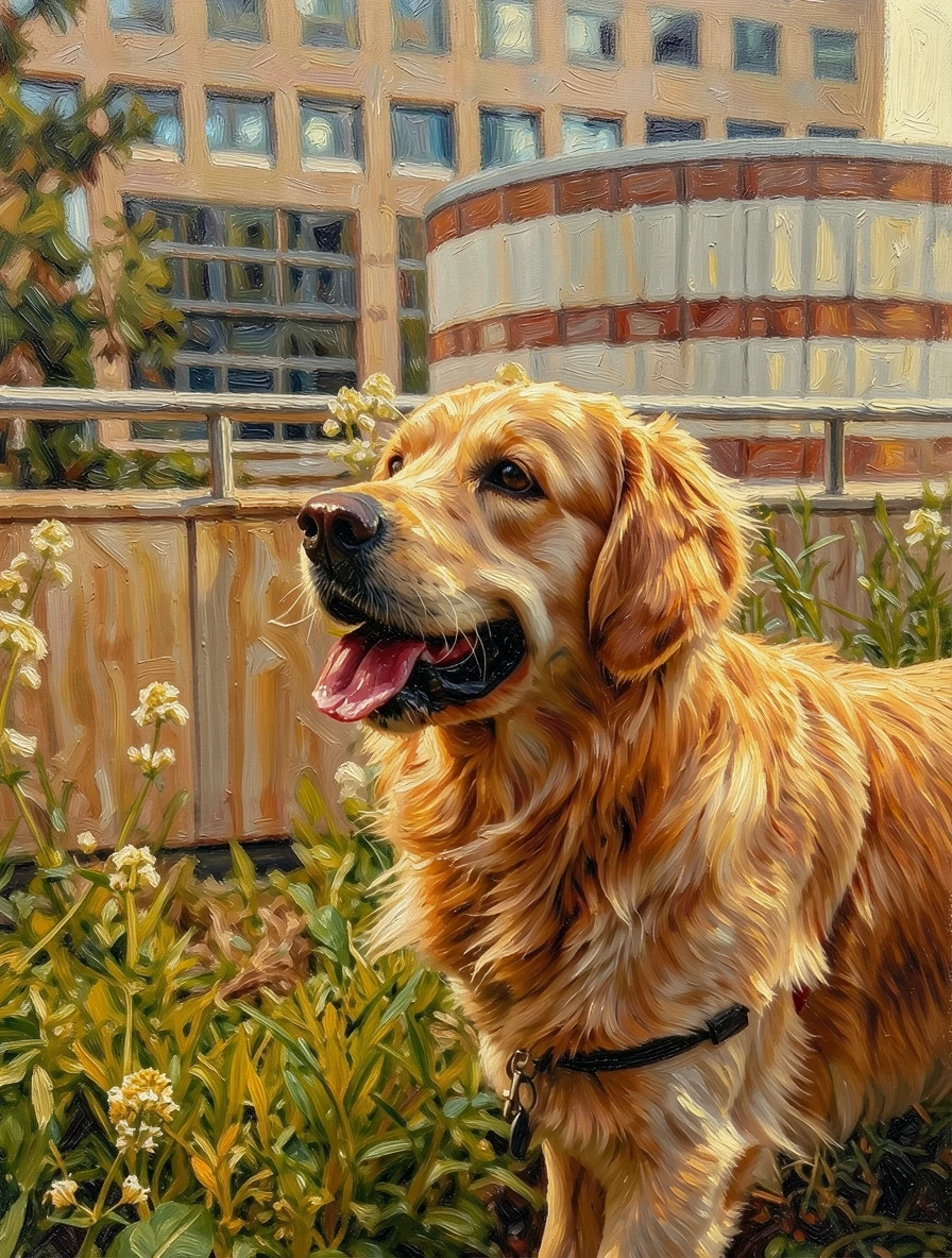 The same golden retriever as a warm golden-impressionism painting