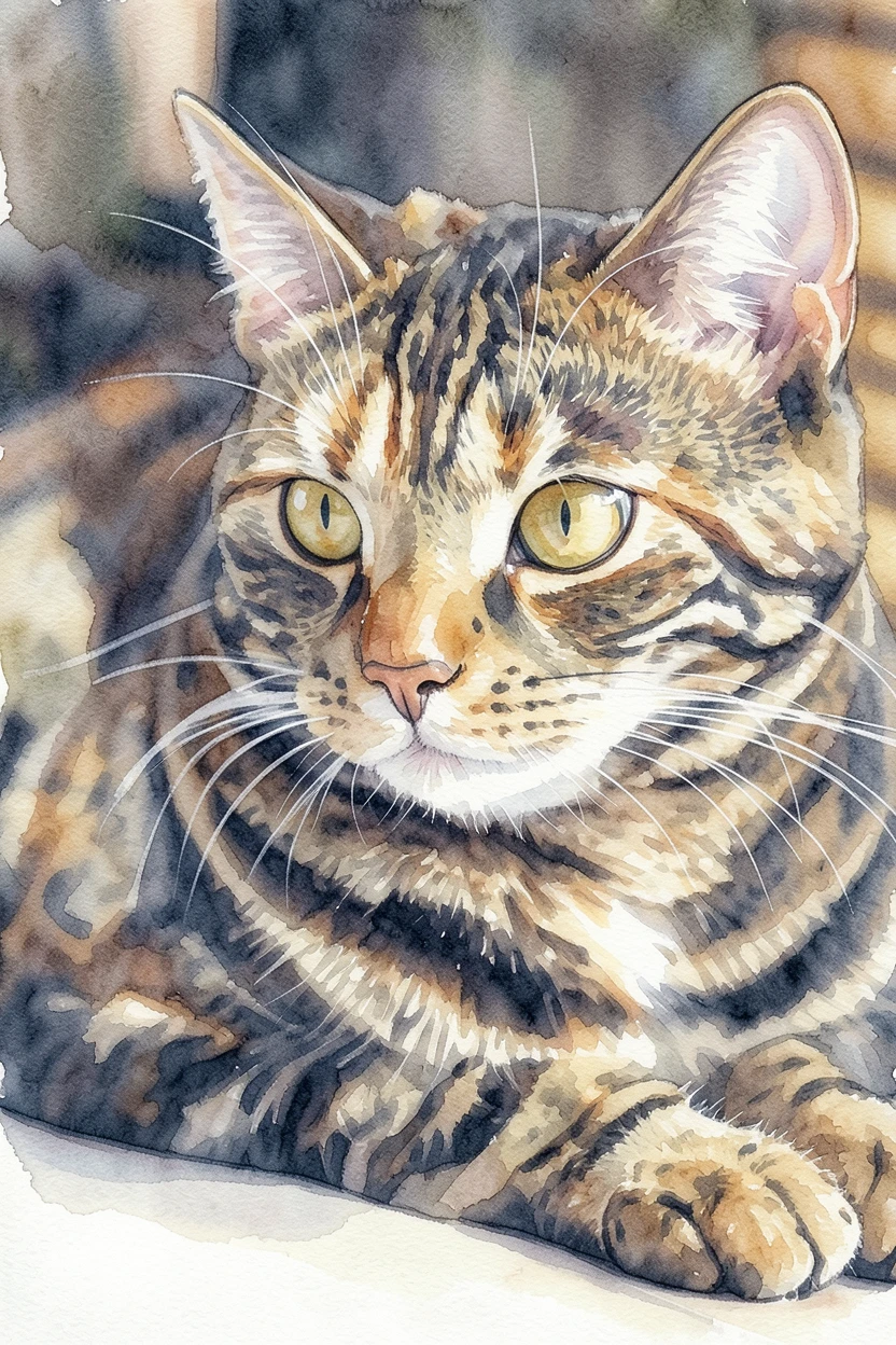 The same tabby cat as a soft watercolor-wash painting