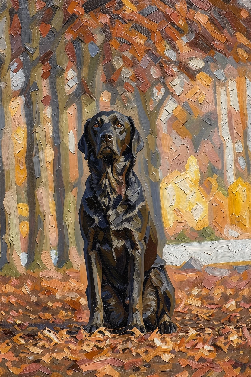 The same black Labrador as a rich oil portrait