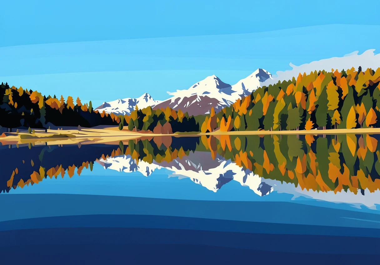 The same mountain lake rendered in ReArt's flat-colour vector poster style