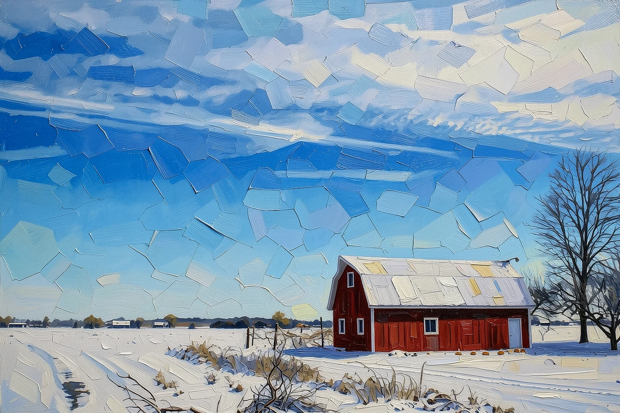 The same red barn rendered as an oil painting with bold palette-knife strokes