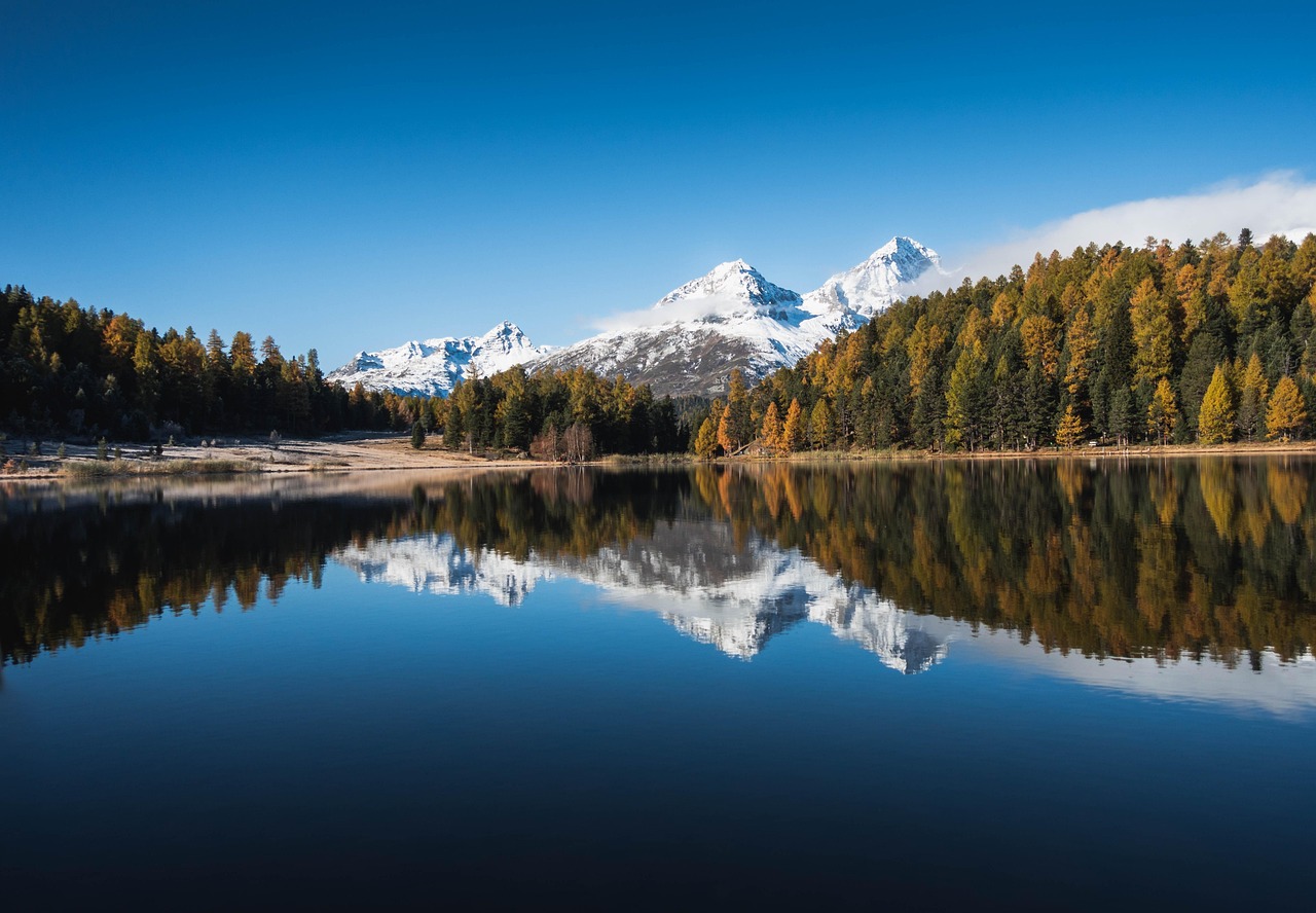 Original travel photo of a mountain lake with snow-capped peaks, autumn larches and a still reflection