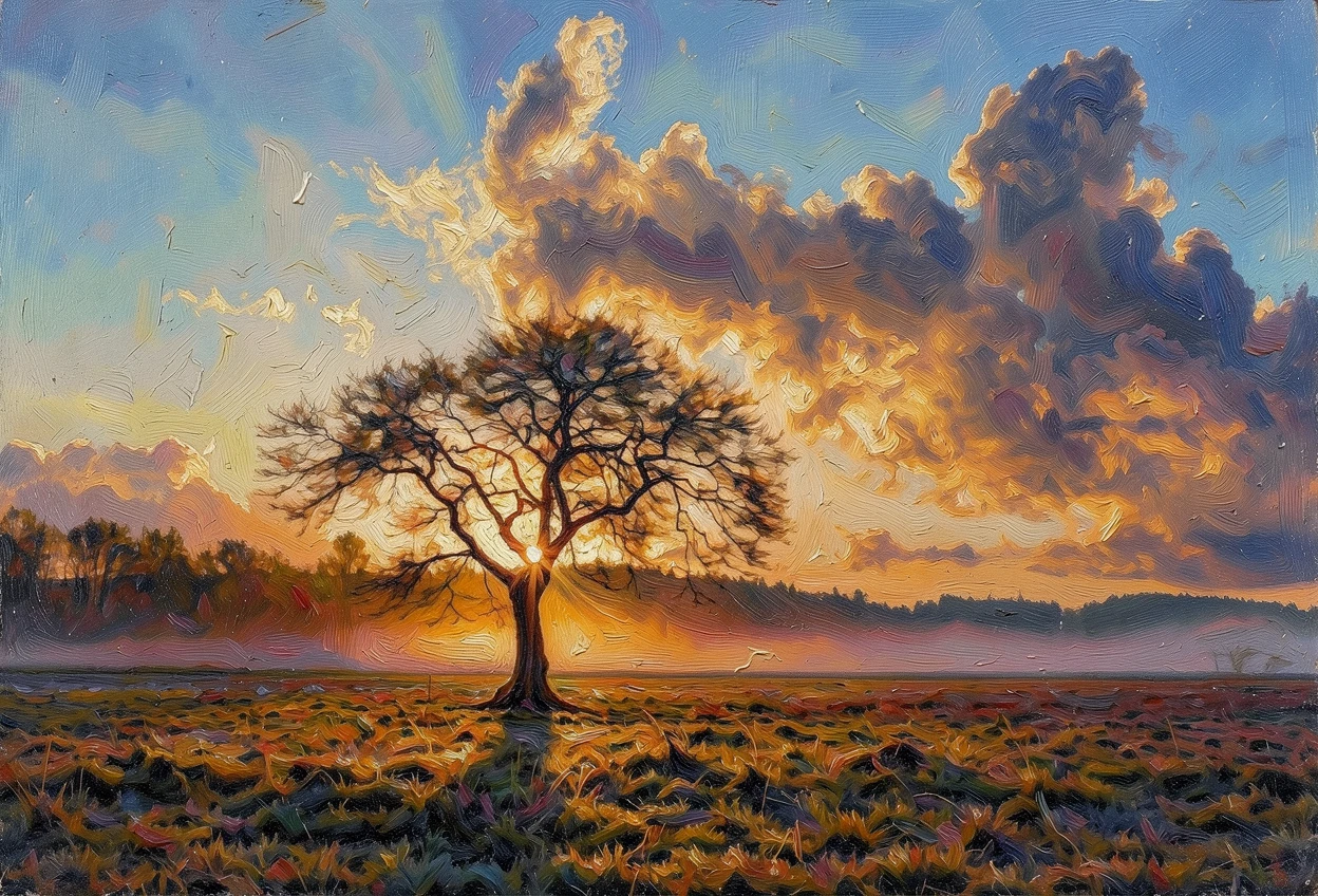 The same lone tree rendered as a golden impressionist painting