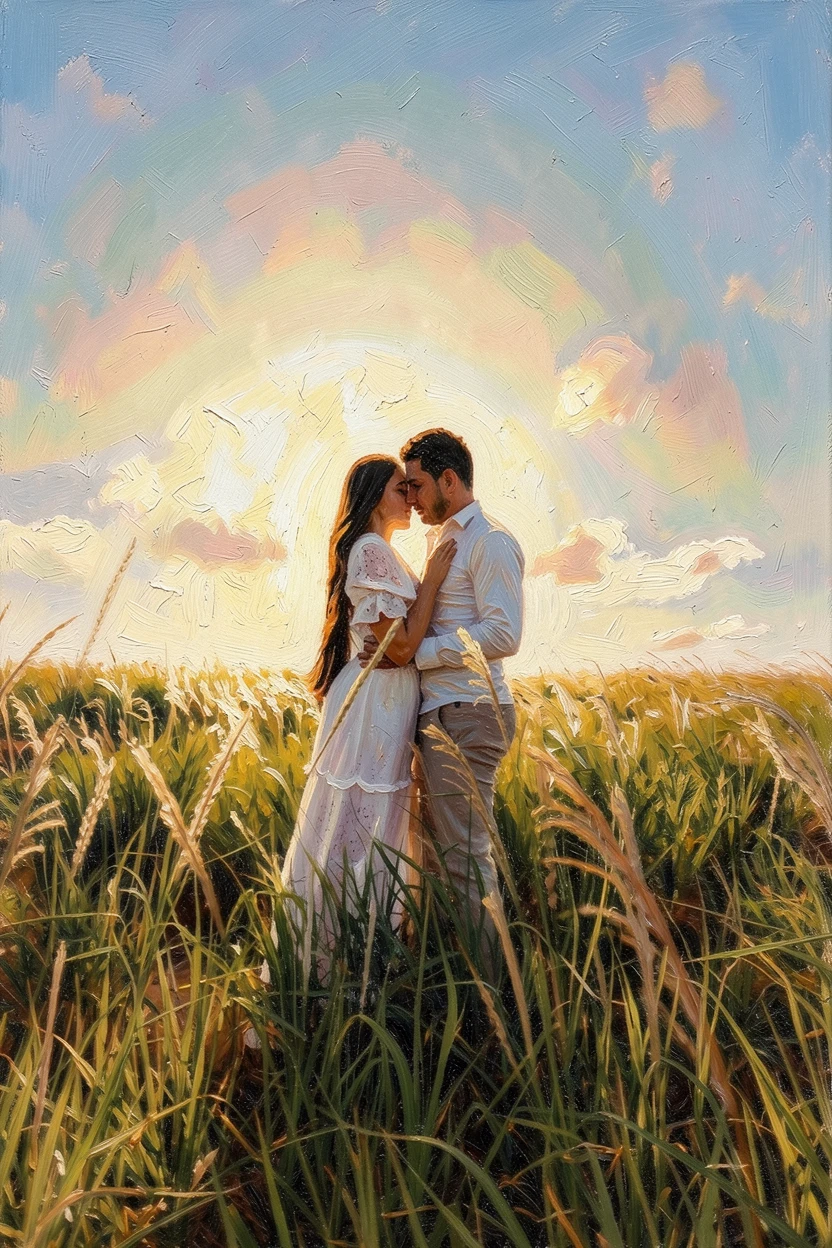 The same couple rendered as a warm golden-impressionism painting by ReArt