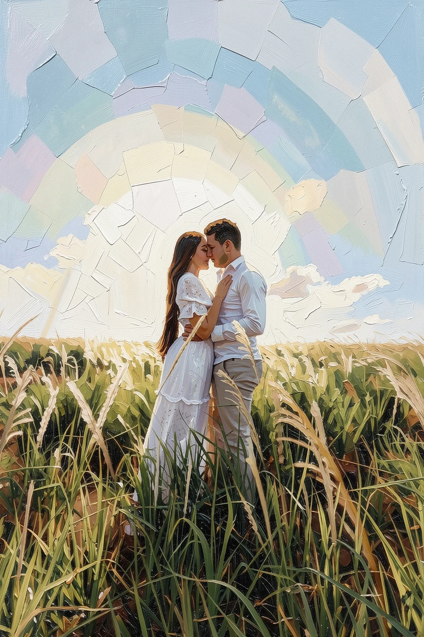 The same couple's photo rendered as a textured oil painting by ReArt