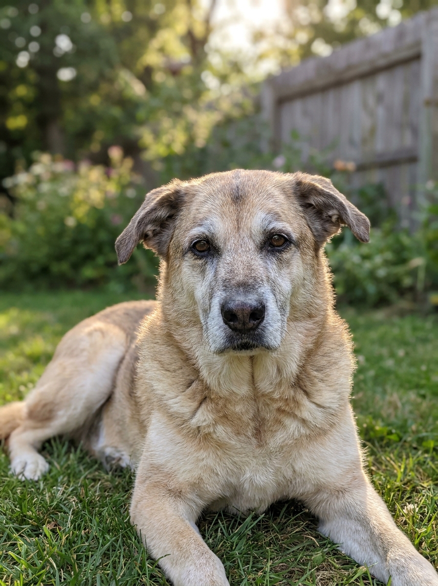 A senior dog with a greying muzzle resting outdoors