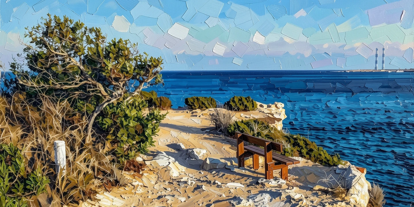 The same coastal bench rendered in ReArt's Oil Painting style