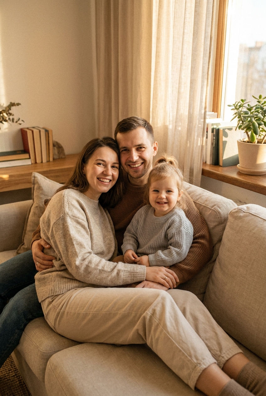 A candid family photo of two parents and a toddler on a sofa
