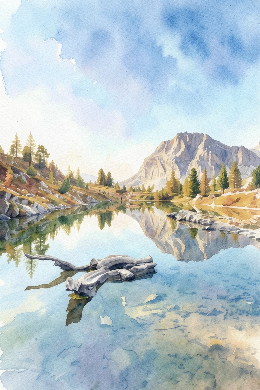 The same mountain lake rendered as a watercolor painting by ReArt