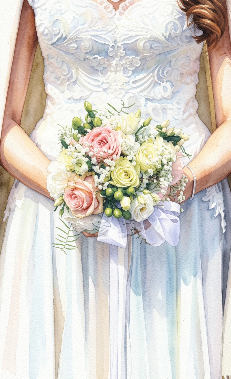 The same bridal bouquet rendered as a watercolor painting by ReArt