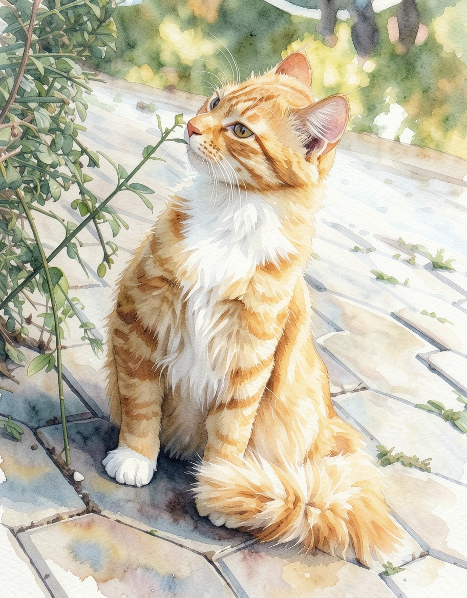 The same ginger cat rendered as a watercolor painting by ReArt