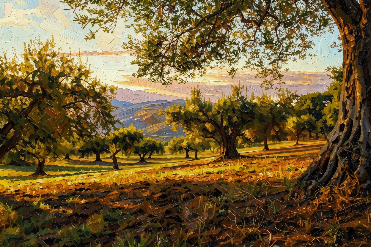 The same olive grove rendered as an oil painting by ReArt