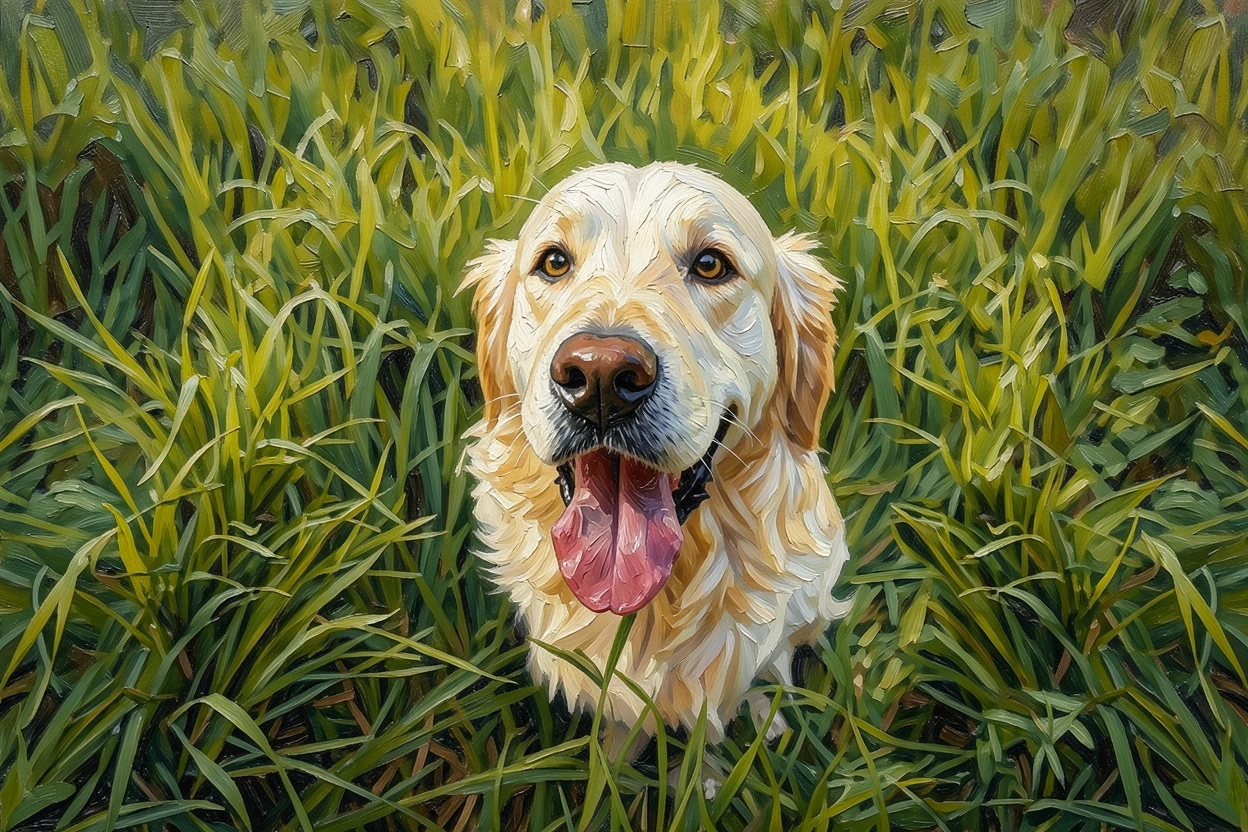 The same golden retriever rendered as an oil painting by ReArt
