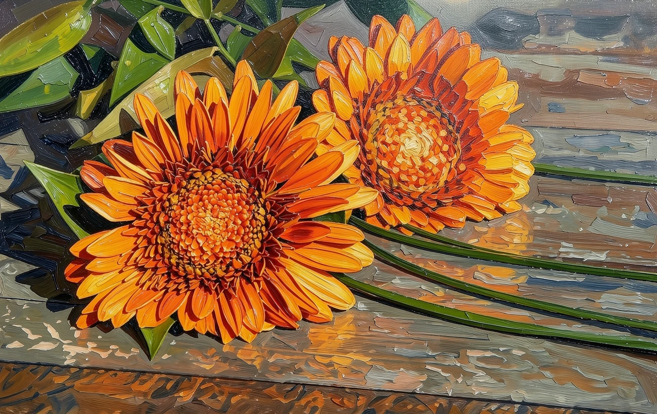 The same gerbera flowers rendered as an oil painting by ReArt