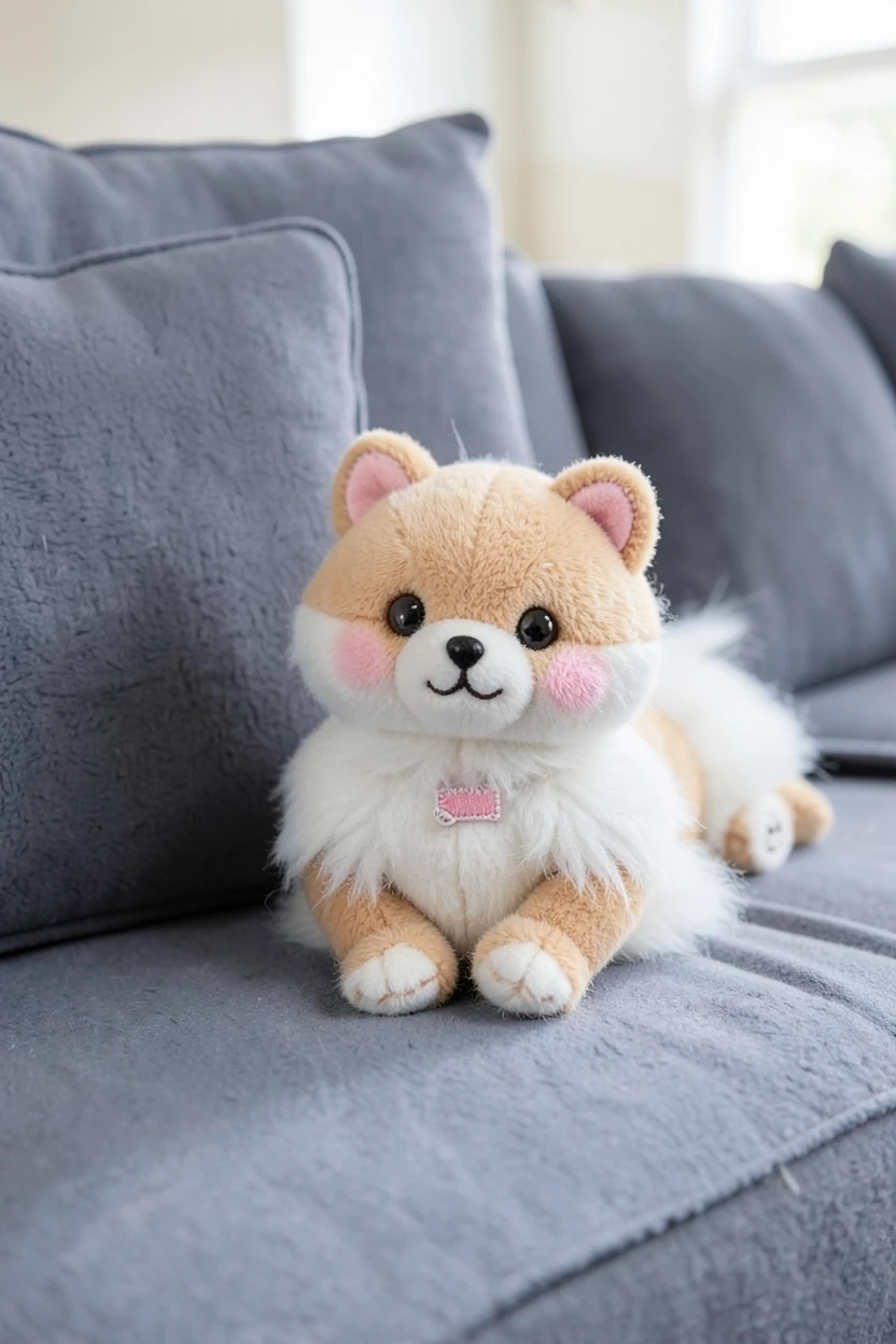 The same Pomeranian rendered as a soft, button-eyed plushie in ReArt's plushie-toy style