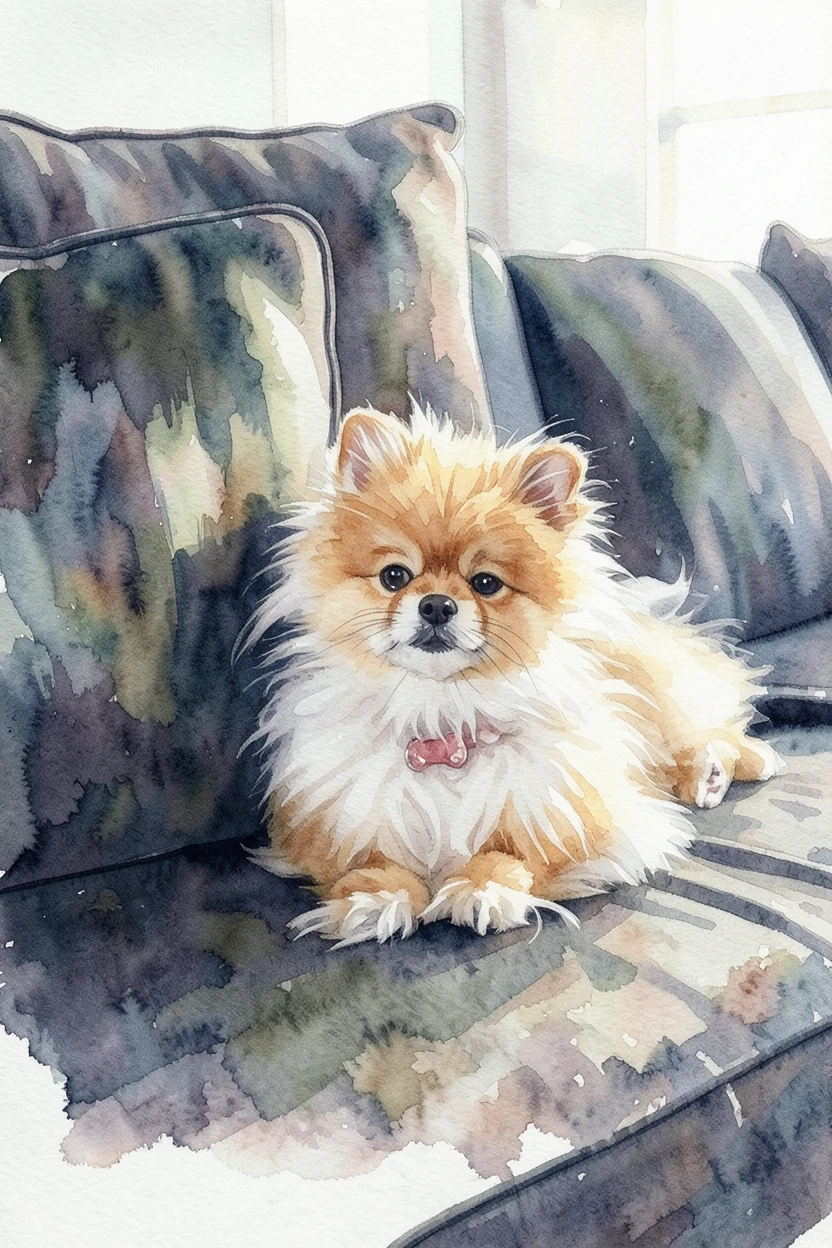 The same Pomeranian rendered as a soft watercolor painting by ReArt