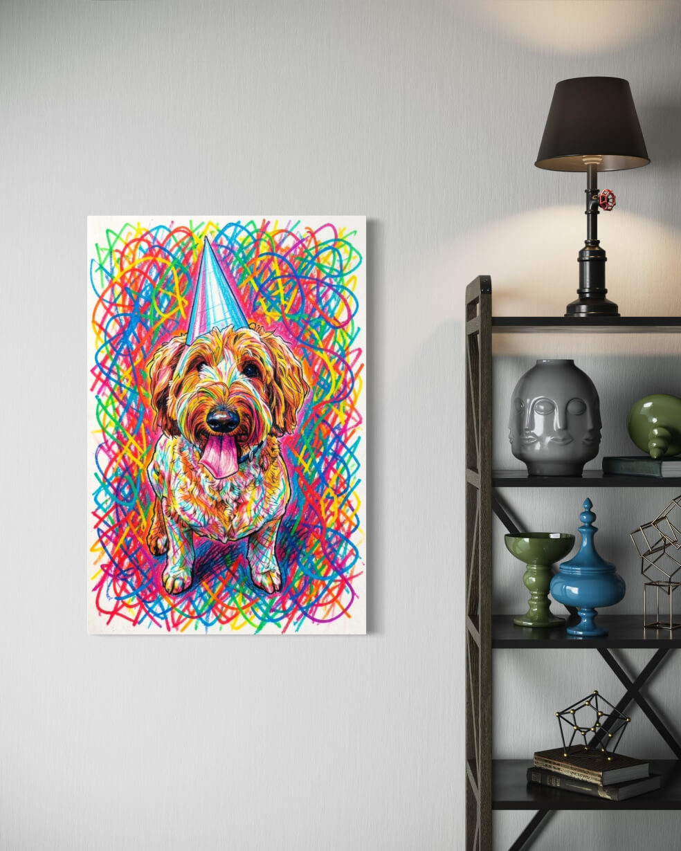 Printed pet portrait canvas displayed at home